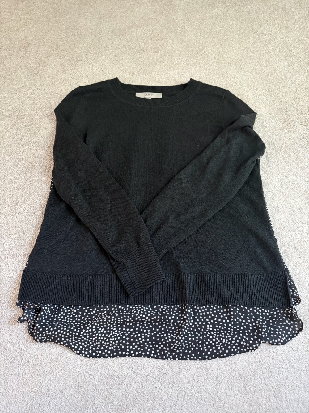Black Mixed Media Knit Sweater with Polka Dot Hem and back
